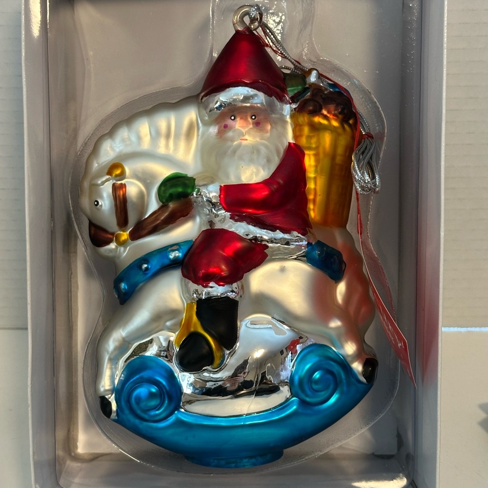Vtg Dept 56 Large Mercury Glass Hand Painted Santa On Rocking Horse 8" Ornament